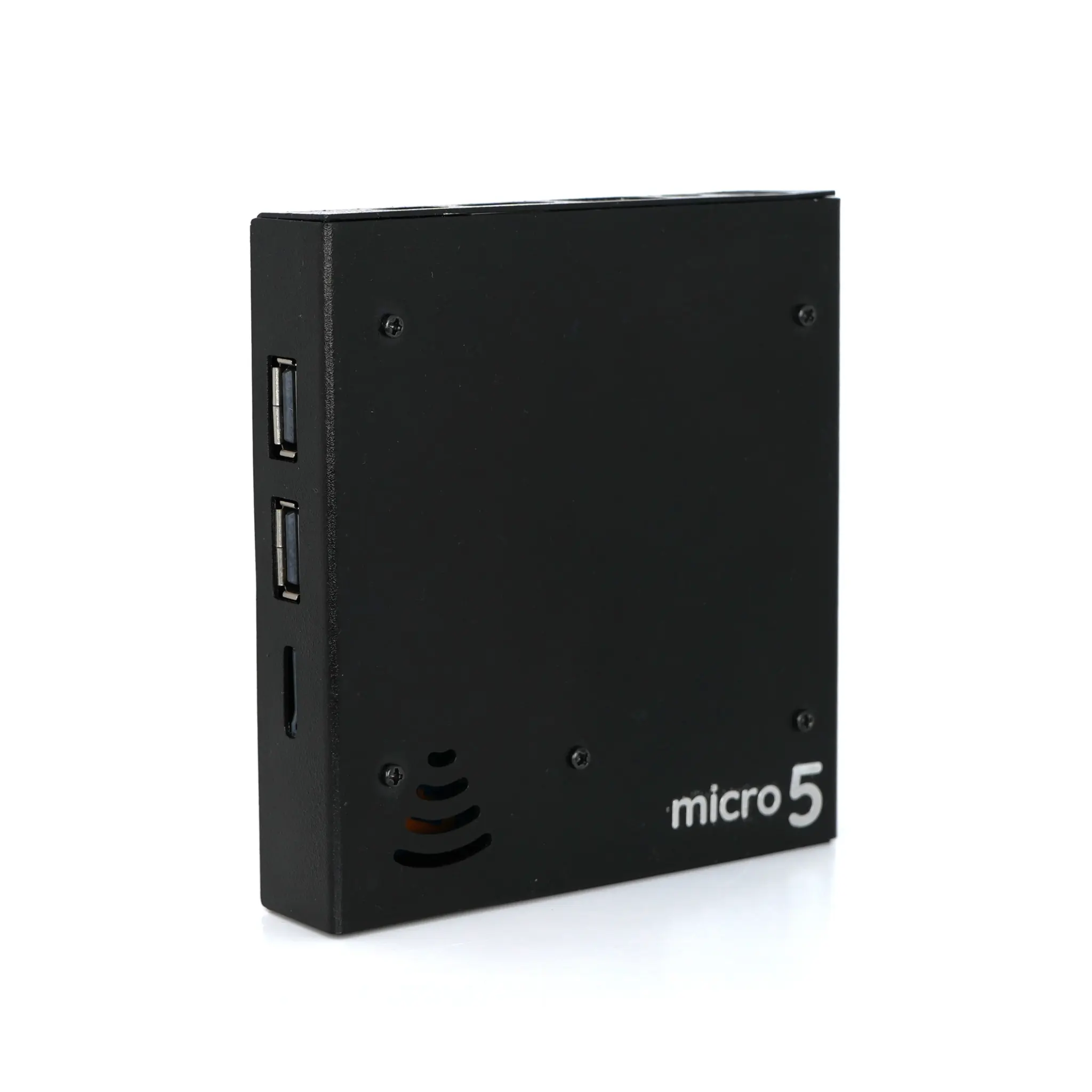 Thinvent® Micro 5R Thin Client, ARM® Cortex A53 processor (4 core, up to 2.0 GHz), 2GB Onboard RAM, 16GB eMMC Storage, 5V 2A Adapter, WiFi 6 and Bluetooth, Thinux™ Embedded Linux | 4 Micro 5R Standing View view